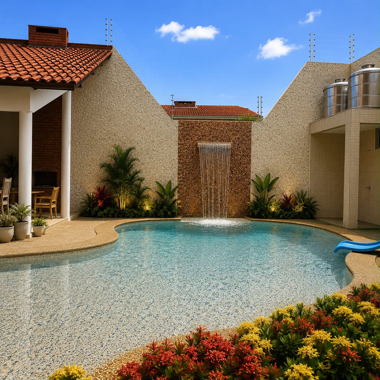 Piscina residencial com prainha, deck de pedra e parede com cascata